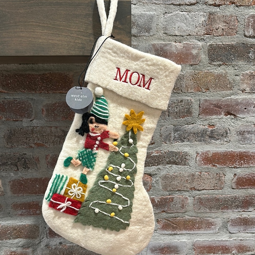 West Elm Cream and Green Holiday Decor Stocking